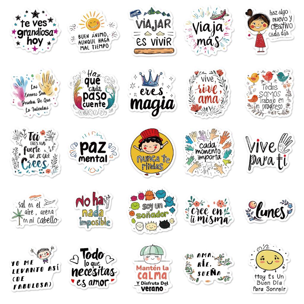 50 Non-Repeating Colored Spanish Inspirational Short Sentences Text Graffiti Stickers Personalized Decorative Stickers