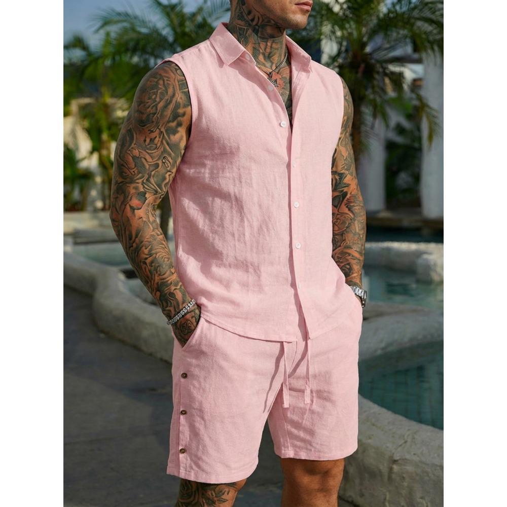 Men’s Summer Sleeveless Collared Shirt Set – Plain-Coloured Linen Casual Beach Outfit