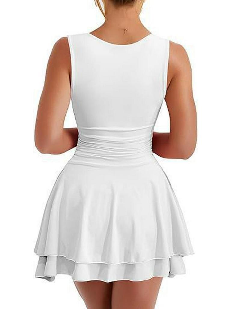 European & American Square Neck Mini Dress with Pleated Hem and High Waist - Women's Fashion 2026