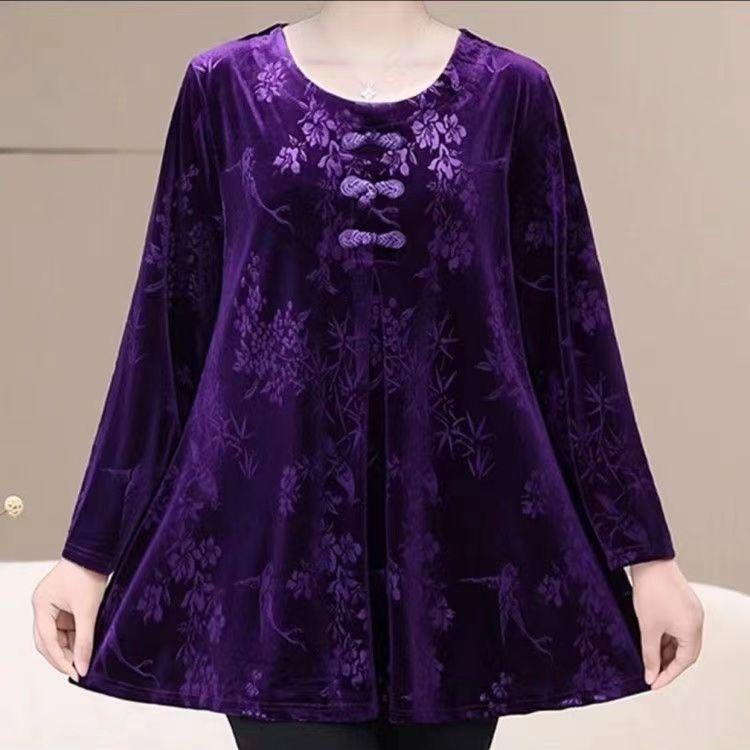 Women's Plus Size Velvet Blouse Round Neck Jacquard Loose Pullover Base Shirt Long Sleeve Velvet T-Shirt Top