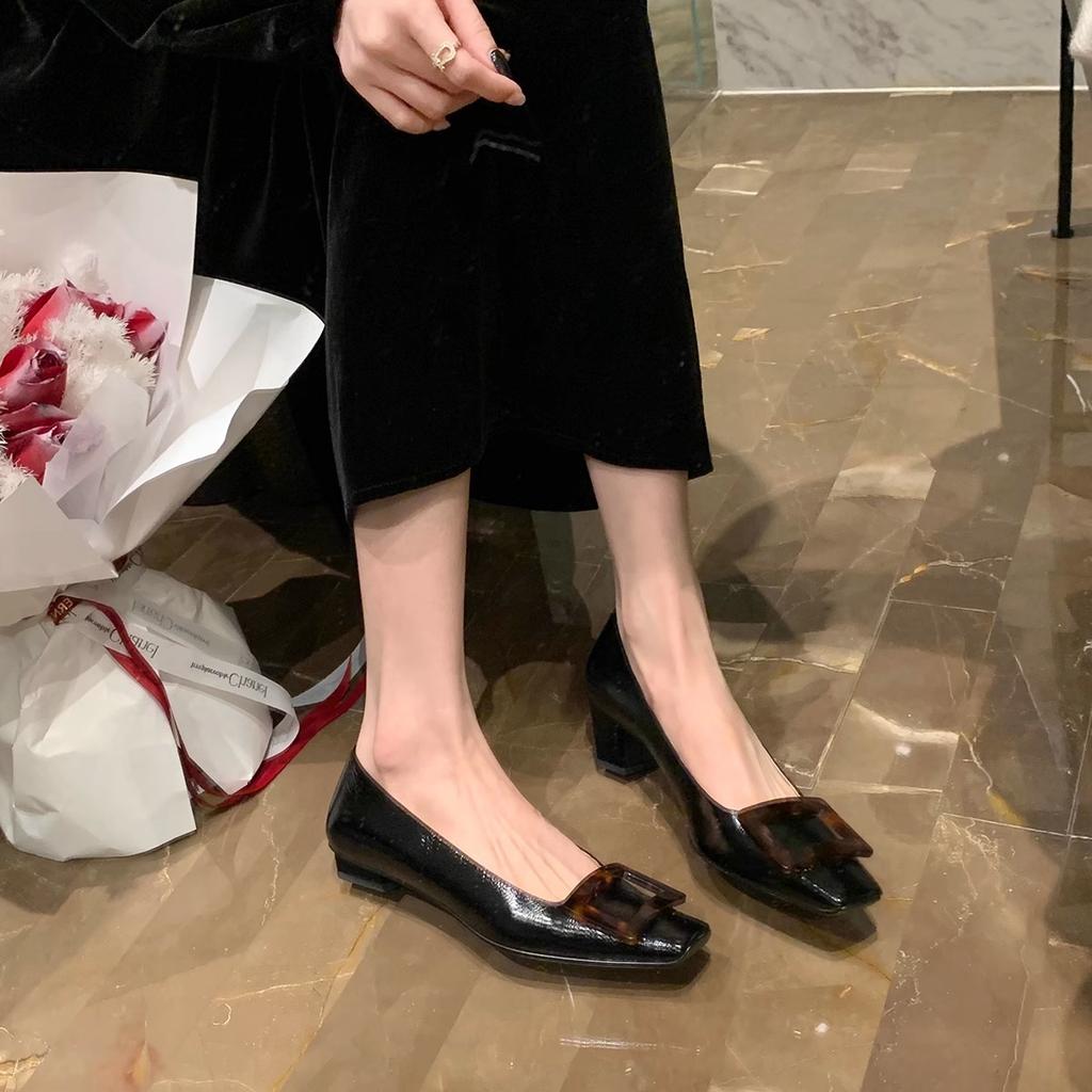 Cowhide Version~ Classic, Elegant, Light Mouth Temperament, Square Head, Thin and Versatile, Thick Heel, Square Buckle, Single Shoes for Women