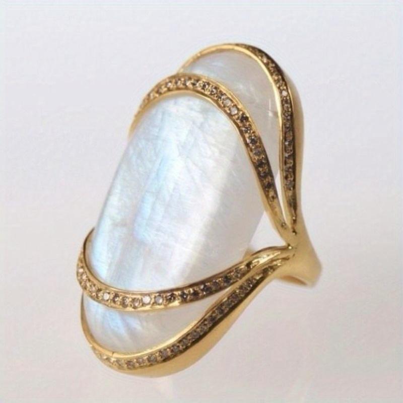 Vintage Gold Color Oval Inlaid Imitation Pearl Women's Ring Daily Wear Party Jewelry