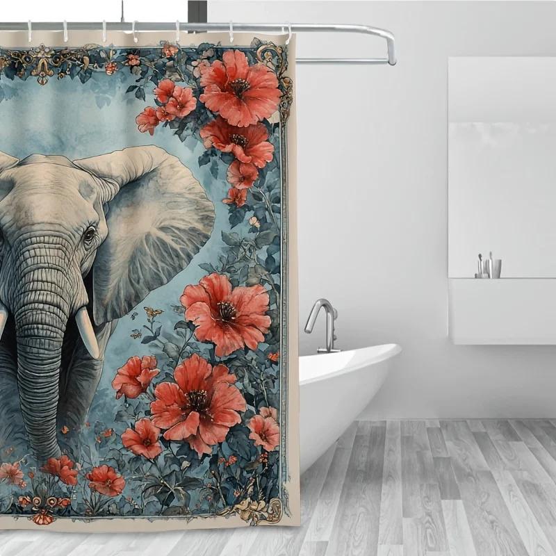 Elephant Flower Shower Curtain - Majestic Beasts In Vibrant Flowers Hanging On Living Room Wall, Bedroom Decoration - Natural