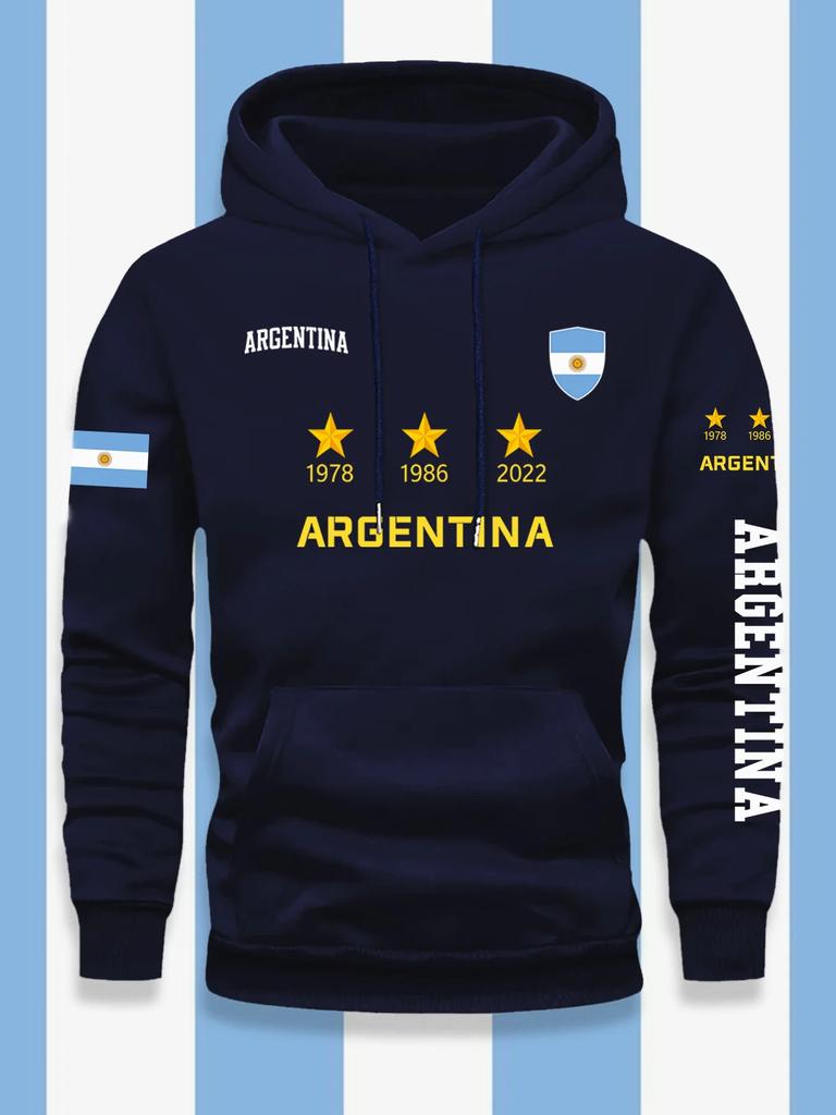 Men Fleece Hoodie Minimalist Argentina Three World Cup Stars Flag Print Football Fan Loose Daily Casual Hooded Top