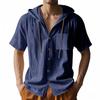 Men's Beige Linen Blend Hooded Drawstring Short Sleeve Button Up Pocket Casual Shirt