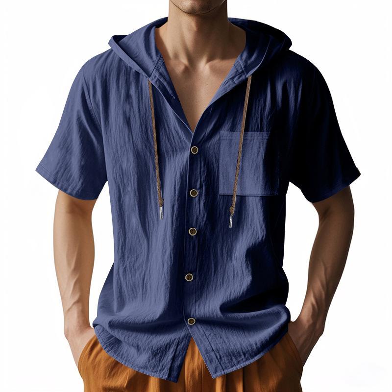 Men's Beige Linen Blend Hooded Drawstring Short Sleeve Button Up Pocket Casual Shirt