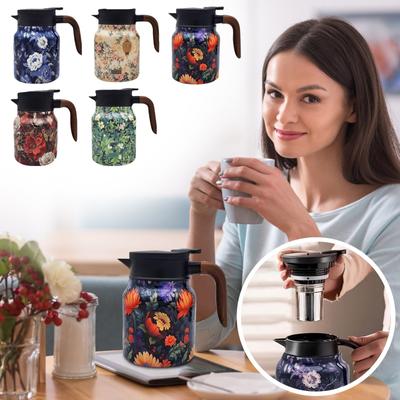 Vintage Çiçek Desenli Çay, Çaydanlık, Vintage Çiçek Desenli Çay-Dahili Demlik, Sıcak İçecekler İçin Kapaklı Paslanmaz Çelik Termal Sürahi