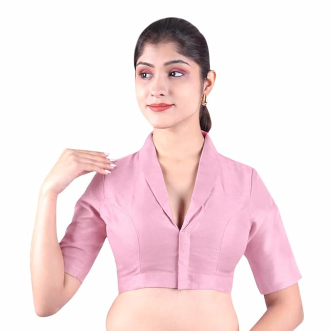 Women’s Solid Collar Neck Readymade Saree Blouse | Front Open Non Padded | Half Sleeve Art Silk Blouse