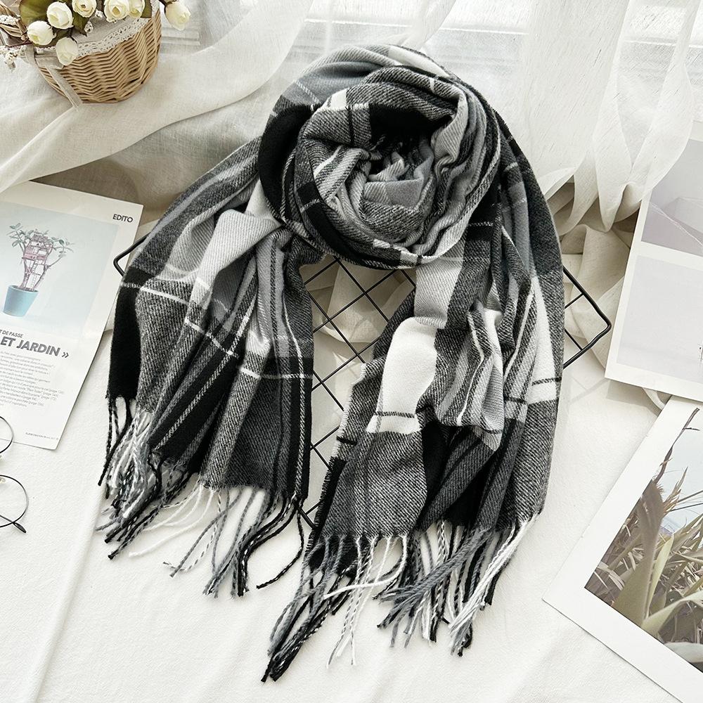 High End Imitation Cashmere Plaid Scarf Versatile and Warm In Winter  Women's Neck Scarf  Fringed Shawl