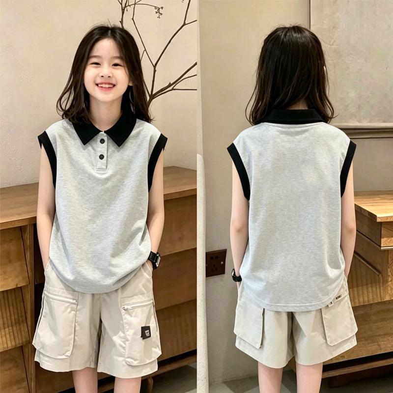 Korean Style Girls' Cotton Color Block Polo Vest - Summer 2026 Children's Sleeveless Patchwork Top