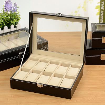 Yousheng Watch Storage Box with Transparent Window And Lock Wooden Bracelet Organizer Faux Leather Dustproof Jewelry Storage Case