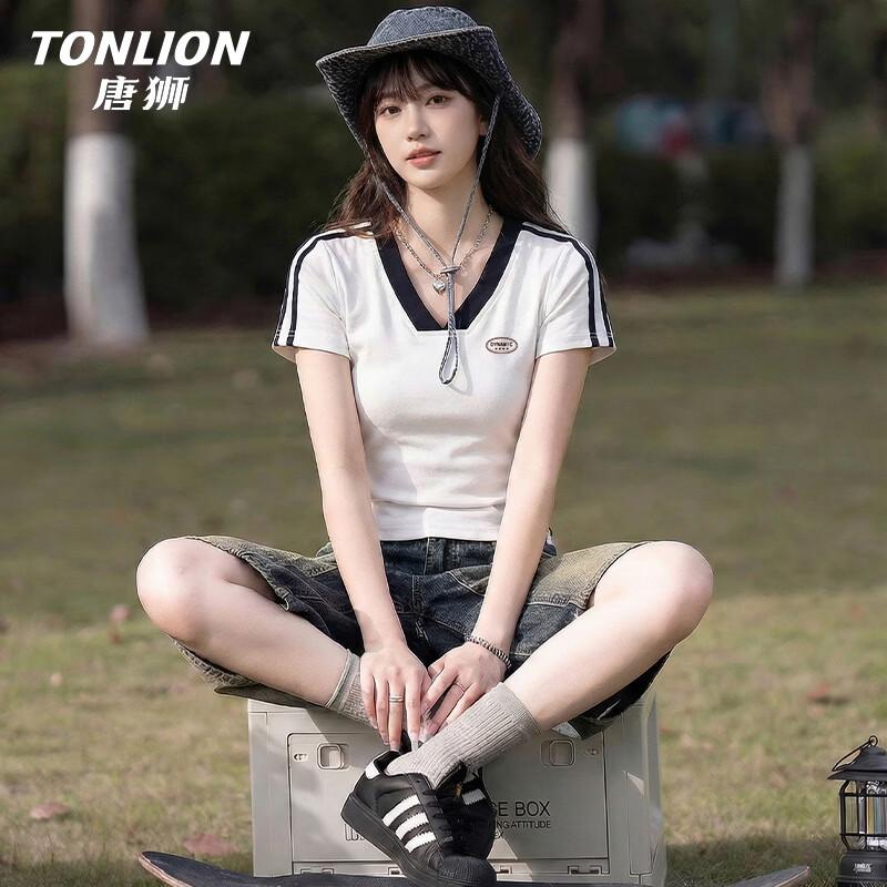 TonLion Women s V-Neck Color Block Short Sleeve T-Shirt L