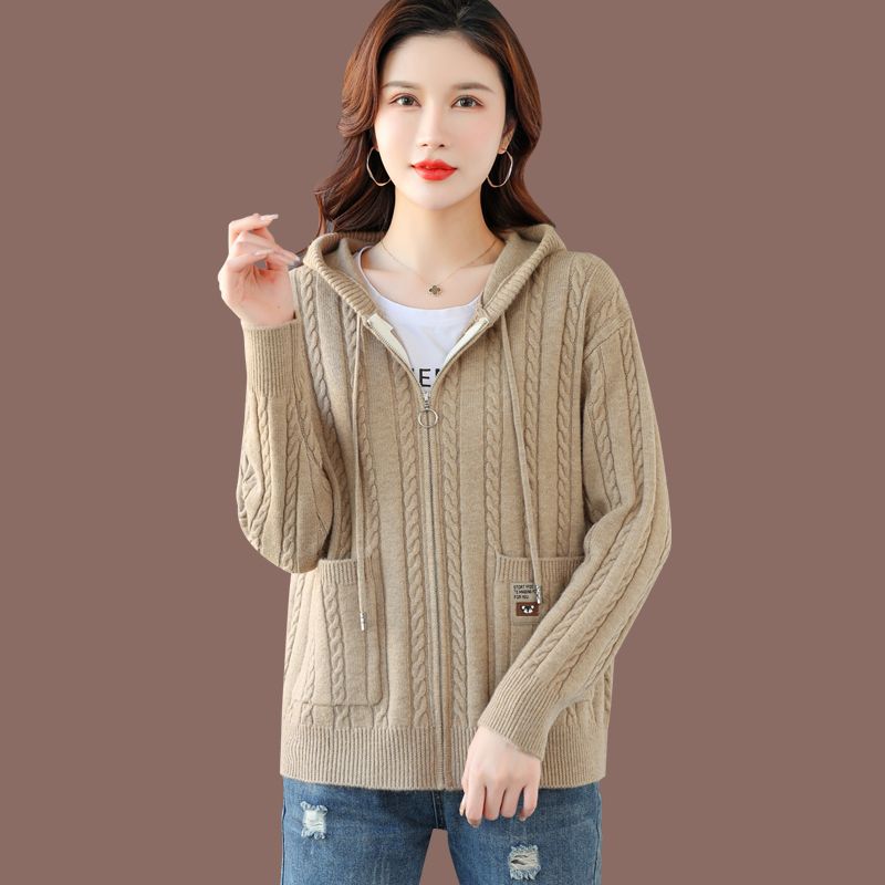 Women's Spring and Fall Short Knitted Jacket Female Middle-aged and Elderly Loose Thickened Knit Sweater Hooded Coat Blouse