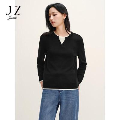 JUZUI Women's Relaxed Fit Faux Two-Piece 100% Wool Knit Sweater