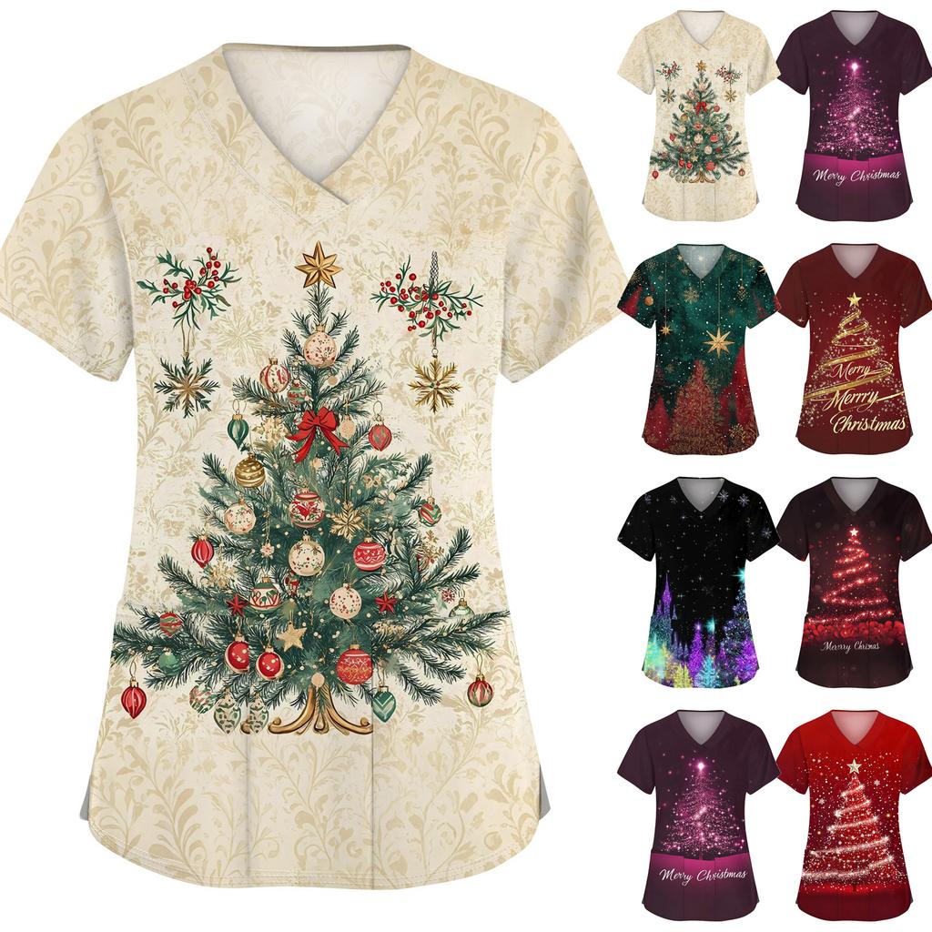 Women's Fashion V-neck Short Sleeve Workwear With Pockets Christmas Printed Tops