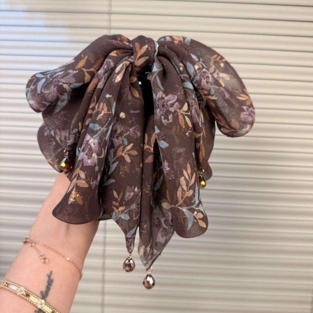 French Style Chiffon Hair Claw Large Women Hair Grab Clip Crystal Bow Shark Clip Daily