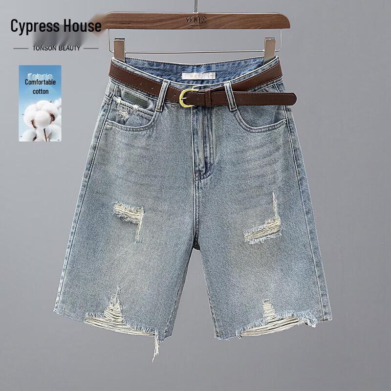 Women s High-Waist Washed Distressed Capri Denim Shorts M