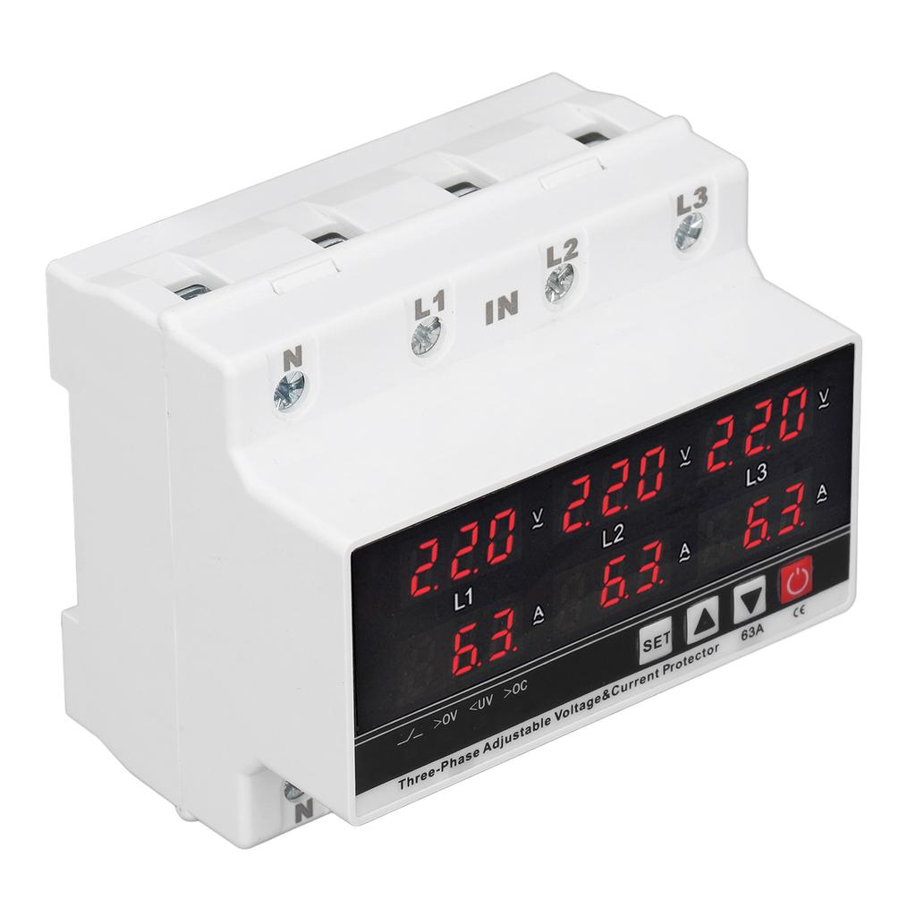 Undervoltage Protector DIN Rail Adjustable Overcurrent Protector AC120V‑300V 63A 3 Phase 3 Wire 4 Wi