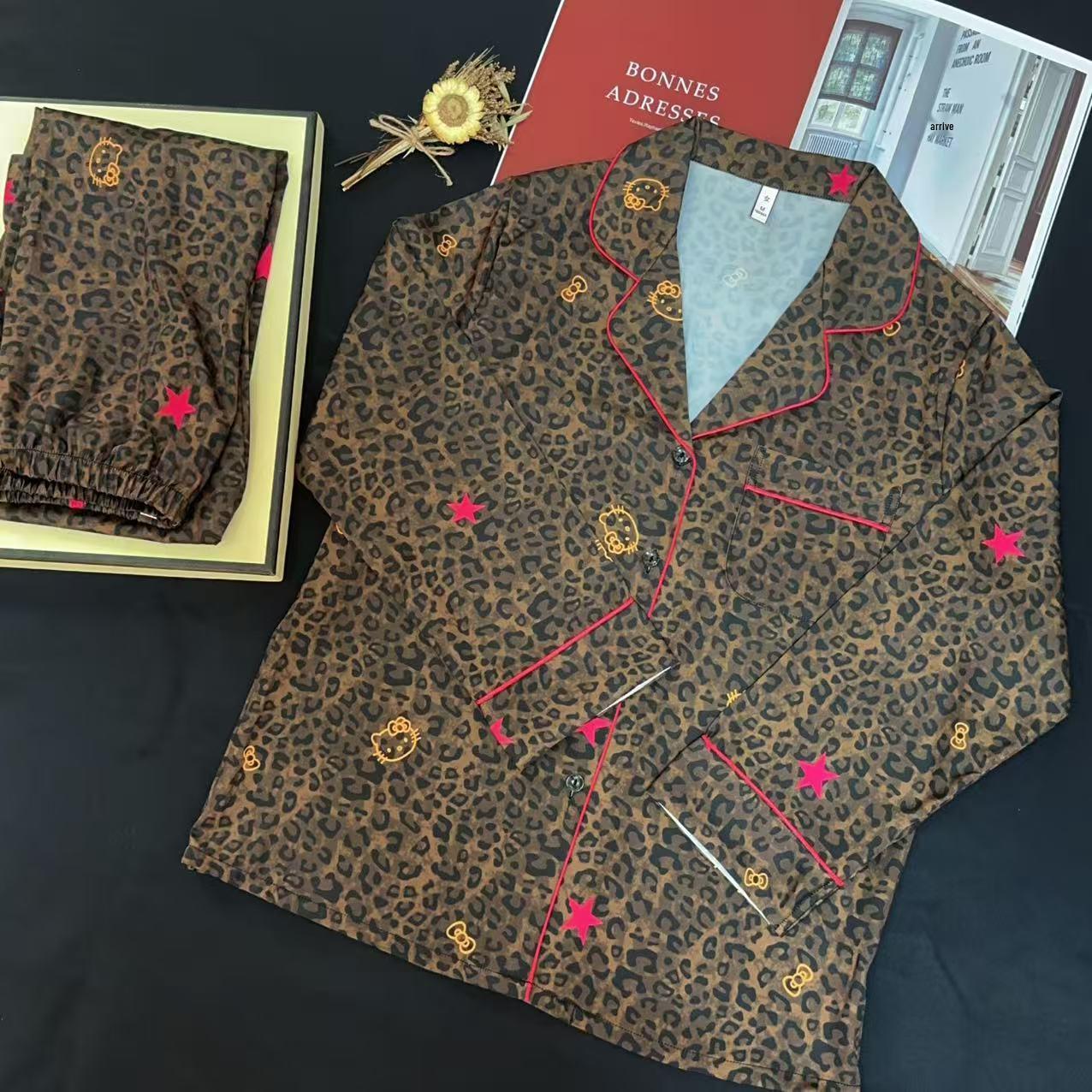 

2025 Douyin Trendy Leopard Print Ice Silk Pajamas for Women - French Style, Long Sleeve & Pants Extra Large