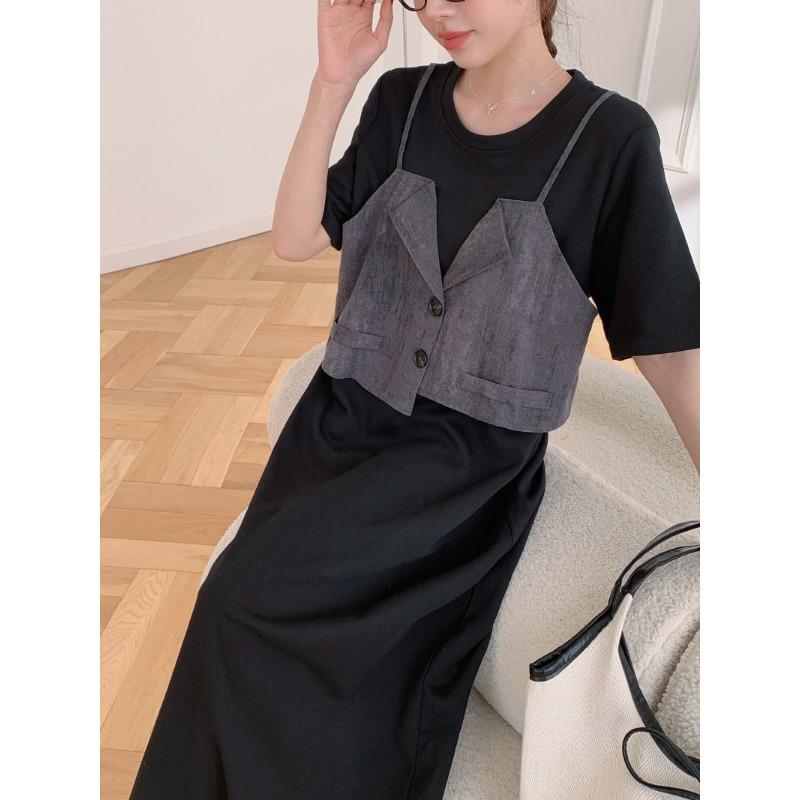 DIMANAF 2025 Sommer Übergröße Kleid Damen Lässig Vintage Kleid Basic Locker O-Ausschnitt Lang Fake Zweiteiler Kleid Baumwolle