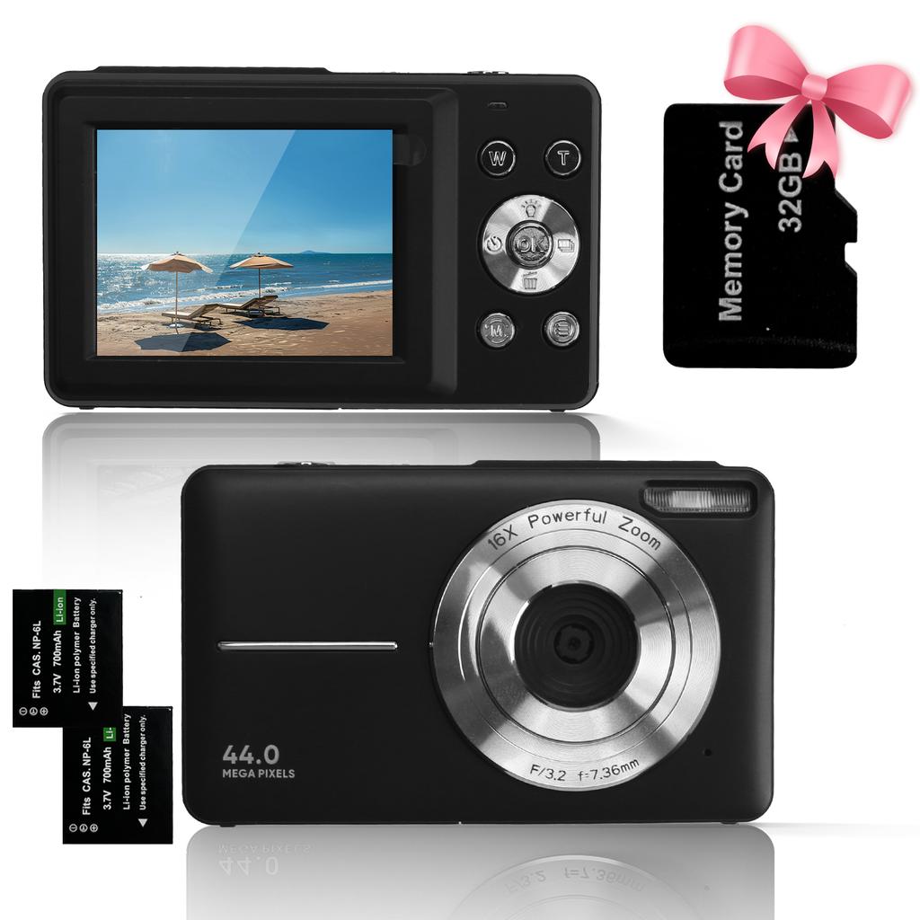 Digital Camera 1080P FHD Camera 44MP Point and Shoot with 32GB Card 16X Zoom Compact Vintage Photobooth Props for Kids Teen