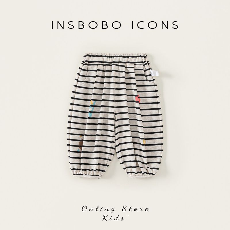 Insbobo Baby Pants Autumn Baby Girl Ankle Banded Pants Baby Boy Sports Pants 2025 New Arrival Big Butt Spring & Fall Apricot Bottom Black Strips 73