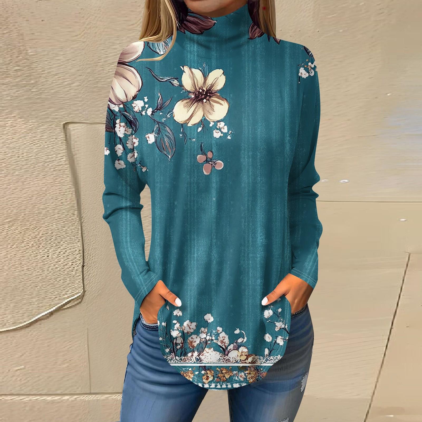 

Женская модная повседневная футболка с длинным рукавом с высоким воротом и принтом, пуловер, топ XL