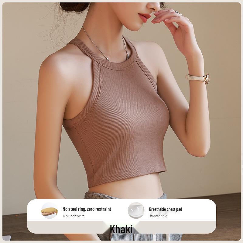 Halter Neck Sleeveless Crop Top with Chest Pads - Women's Beautiful Back Lingerie Bra & Summer Outerwear Belly-Baring White Top