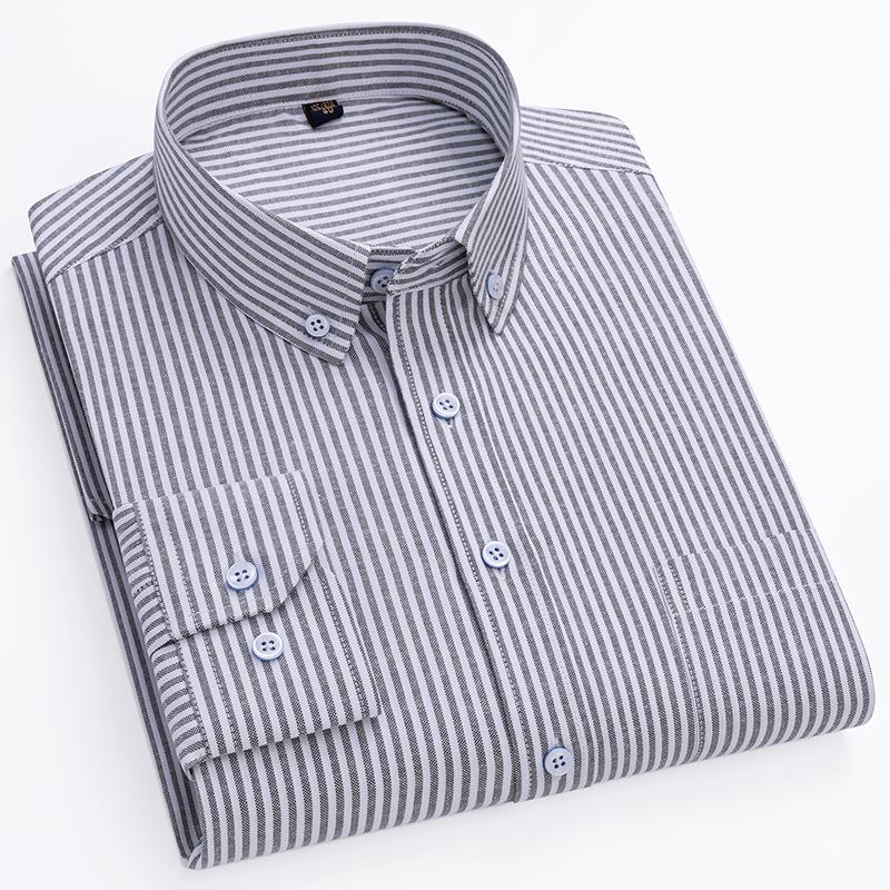 New Cotton Oxford Shirts Men's Long Sleeves Stripe Thin Soft Regular Fit Formal Dress Shirt Pocket Social Blouse Male Clothing