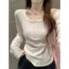 Korean Autumn Slim-Fit Square Neck Lace Trim Long-Sleeved Cashmere T-Shirt for Women