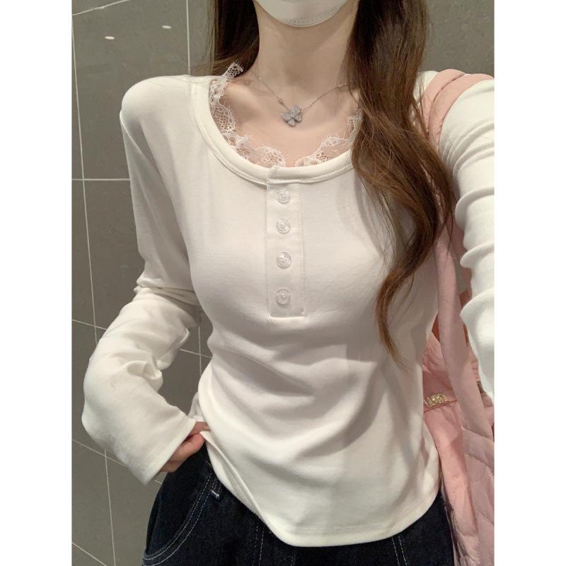 Korean Autumn Slim-Fit Square Neck Lace Trim Long-Sleeved Cashmere T-Shirt for Women