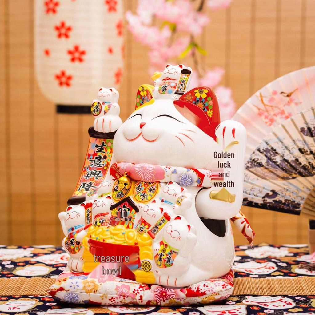 Medium Ceramic Lucky Cat Figurine with Electric Waving Paw - Prosperity Charm for Shops and Gifts