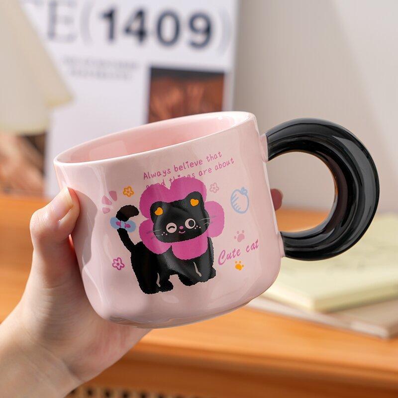 Girly Heart Kitten Mug Cute Milk Fufu Cartoon Household Water Cup with Cover for Birthday Gifts for Sisters and Friends