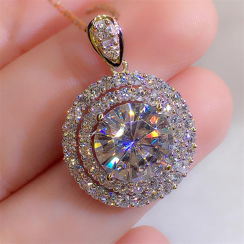 Women Round Stone Pendant Necklace with Double Sparkling Halo Elegant Bridal Inspired Jewelry