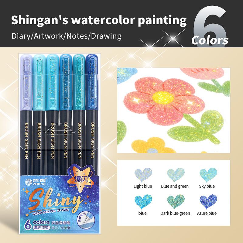 

Glitter Metallic Brush Pens Set, 6 Assorted Colors Shiny Marker Pens highlighter Perfect for Journaling Scrapbooking Calligraphy