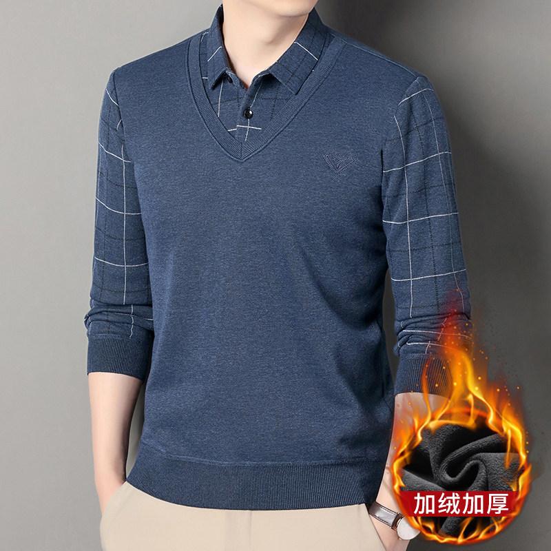 Fashion Autumn Winter Men Lapel Plaid Button Fake Two Pieces Streetwear Business Casual Plus Velvet Long Sleeve Polo Shirts Tops