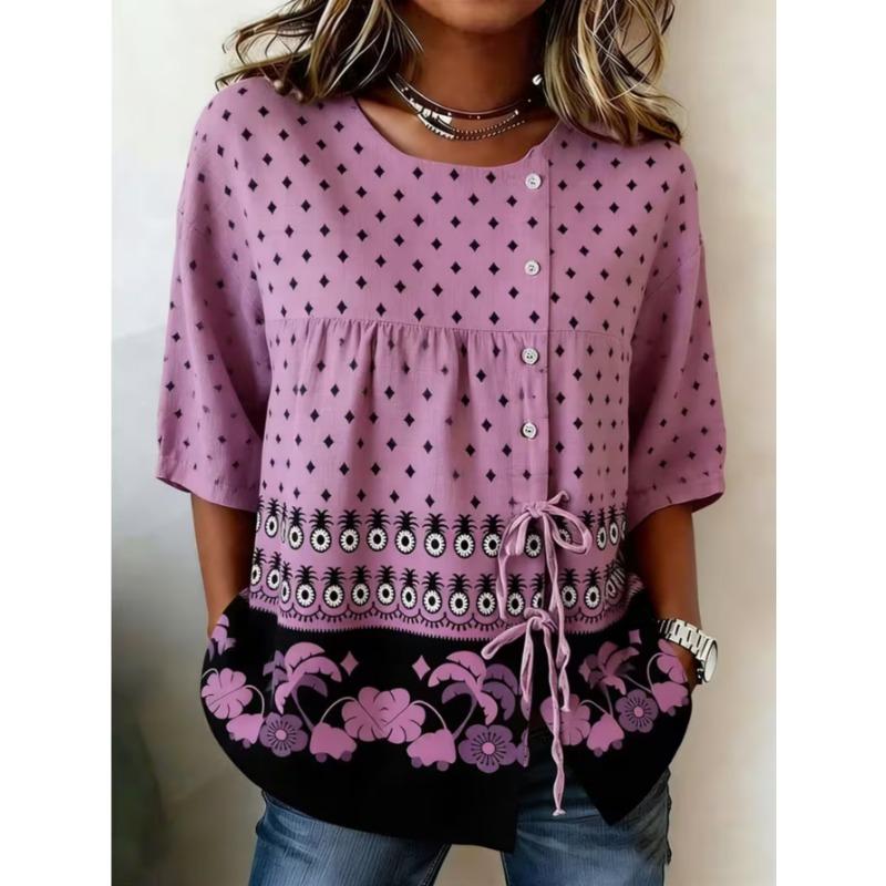 Women's Printed Lace-up Short-sleeved Blouse, Fashionable and Versatile, Comfortable and Skin-friendly, Machine Washable.