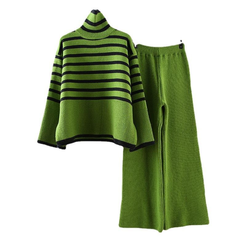 Striped turtleneck sweater wide-leg pants two-piece suit for women's autumn and winter new thin loose casual long-sleeved knitted sweater for women
