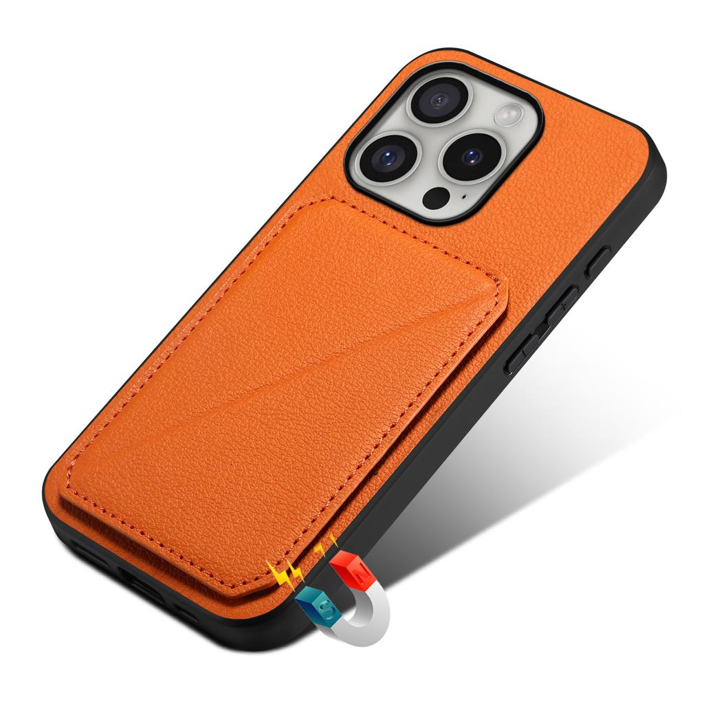 DENIOR D04 For iPhone 16 Pro Case Card Holder Kickstand Leather Coated Phone Cover