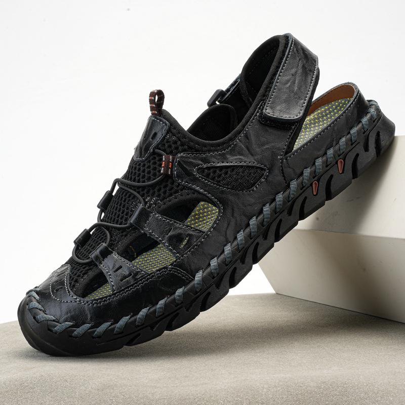 Men's Handmade Velcro Cowhide Mesh Beach Sandals - Summer Casual Breathable Outdoor Shoes