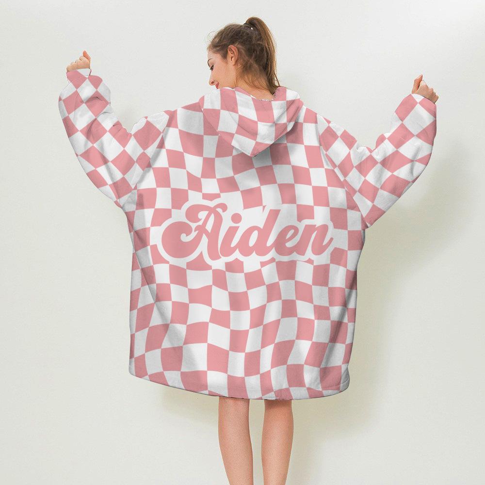 

Personalized Name Hooded Cape Chessboard Pattern Warm Lazy Flannel Blanket Wearable Robe Hooded For Adults and Kids Kids 75cm розовый