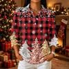 Women's Casual Christmas Print 3/4 Sleeve Button Down Collared Shirt