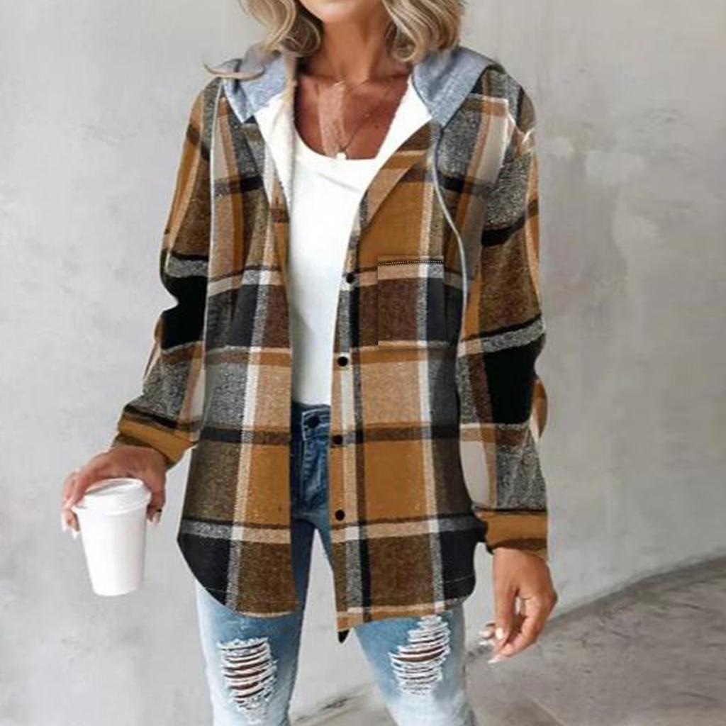 Women’s Plaid Hooded Shirt Long Sleeve Button Down Casual Loose Fit Drawstring Hood Classic Pattern Top