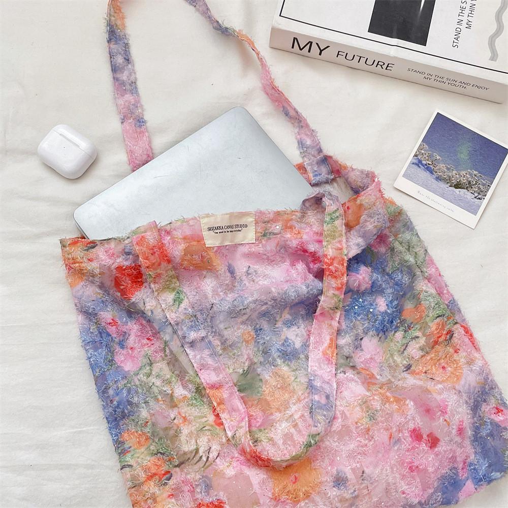 Floral Tote Bag With Textured Polyester For Daily School And Commute