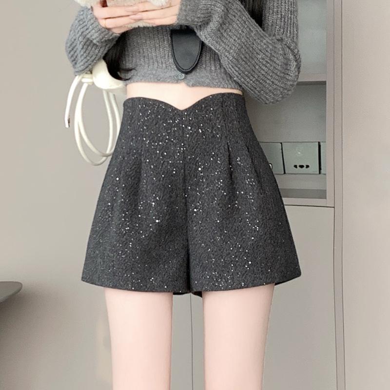 Women's Gray High-Waist Woolen Wide-Leg Pants: 2024 Autumn/Winter Slimming A-Line Shorts