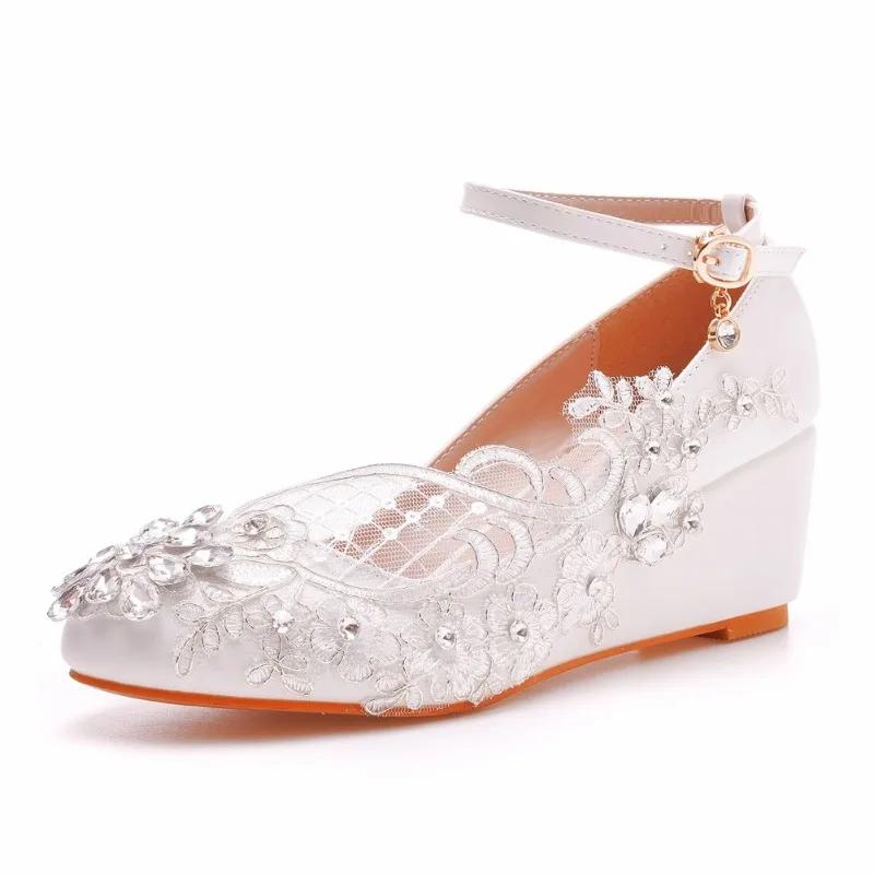 Pumps Women Shoes Round Toe Rhinestone Buckle Strap PU 5CM Wedges Heels Dress Sandals Japanese Style Women Shoes White