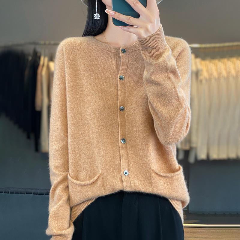 Women's Cashmere Crew Neck Cardigan Qinghe Winter Knitted Pullover Autumn Sweater Cashmere Sweater
