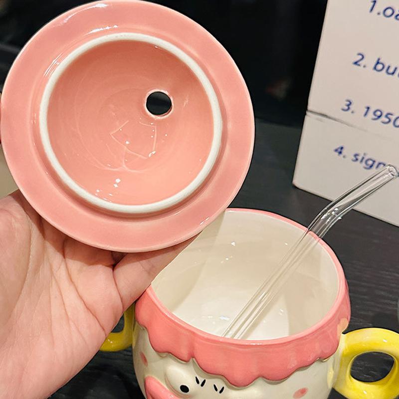 Ceramic Milk Mug with Lid And Straw 400ml Funny Cartoon Animal Water Cup with Double Handle Holiday Gift