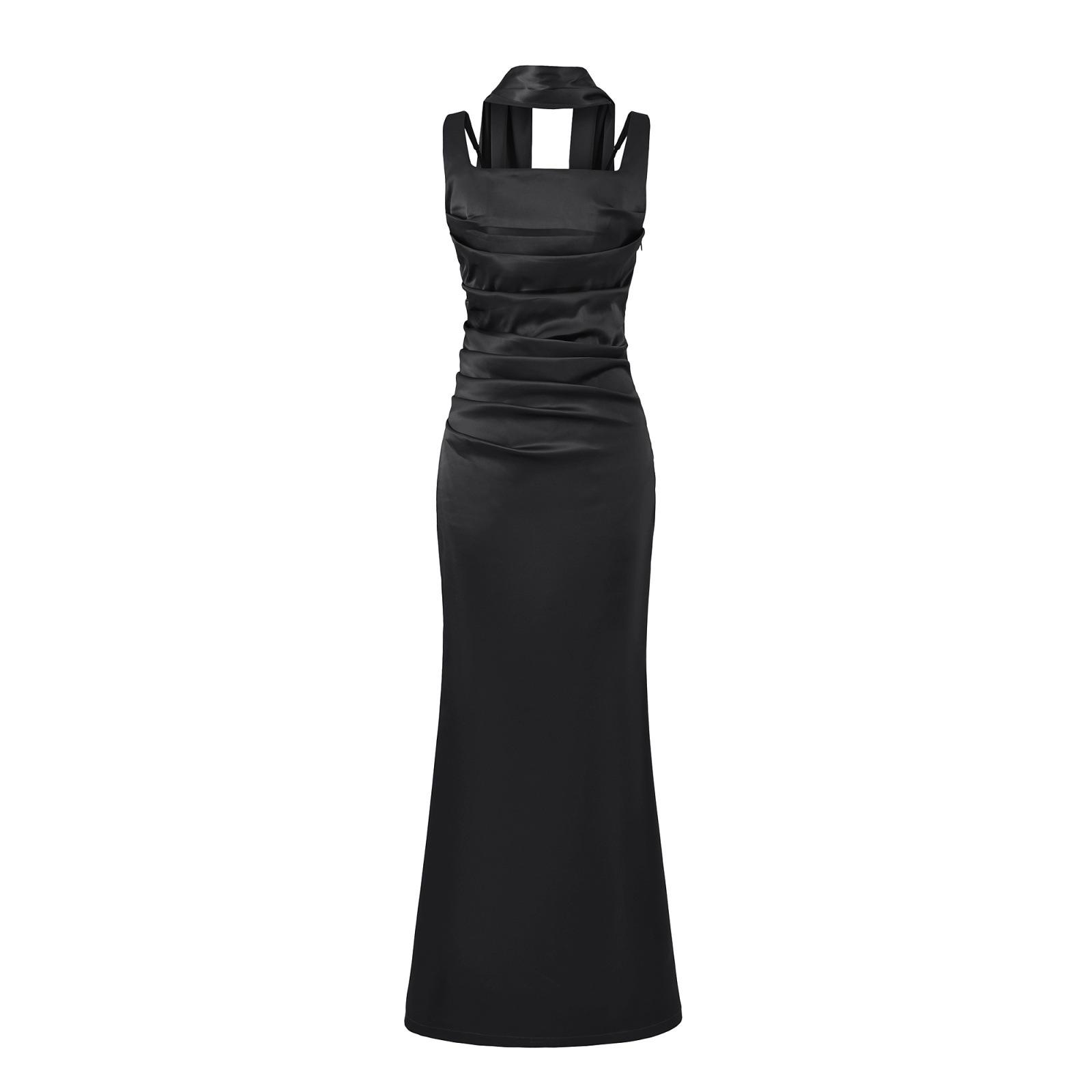 Elegant French Fishbone Lace-Up Fishtail Evening Dress with Scarf - Slim Fit, Solid Color Gown for Women Large чёрный
