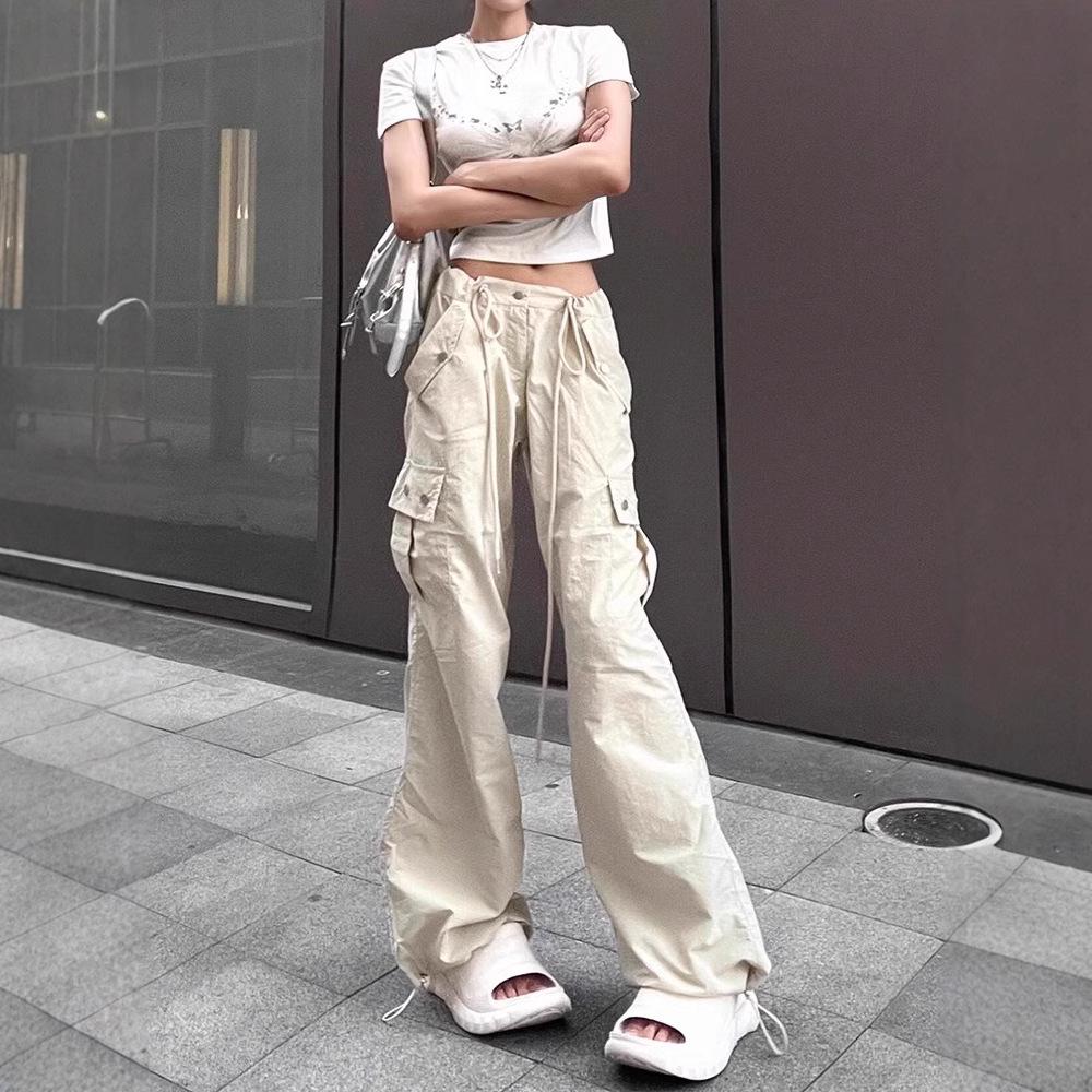 High Waist Women's Straight Leg Parachute Pants with Drawstring - 2025 Casual Niche Design